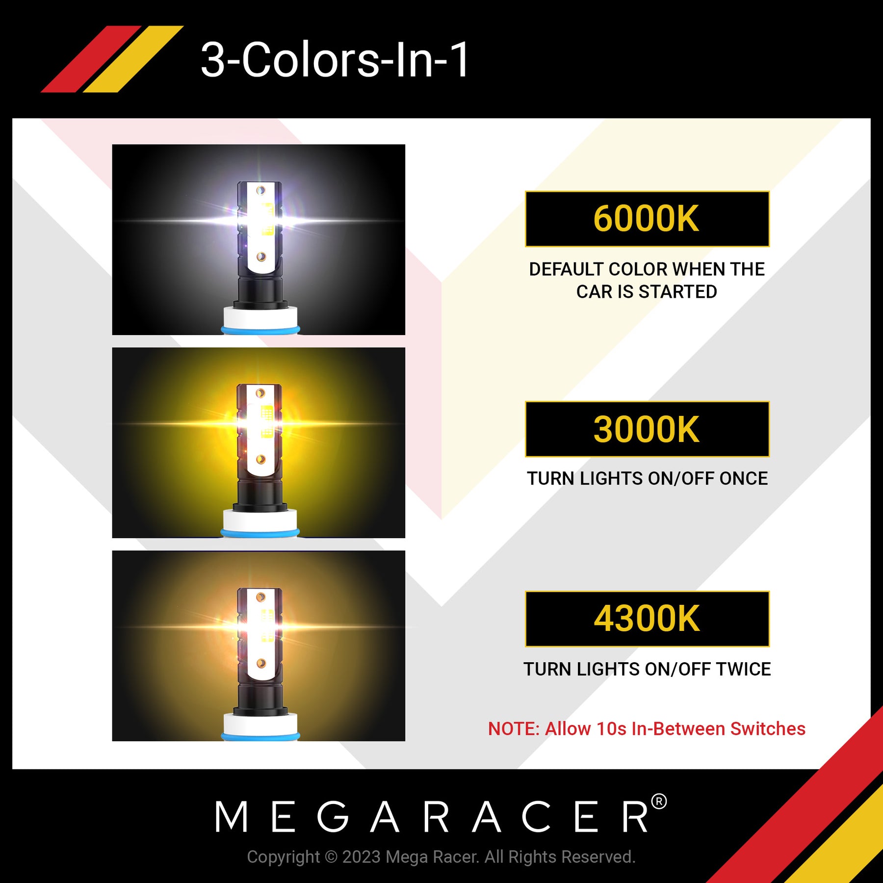 3 Colors Changing 9006/HB4 LED Headlight Bulbs, Pack of 2