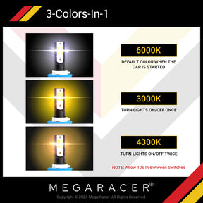 3 Colors Changing H11/H8/H9/H16 LED Headlight Bulbs, Pack of 2