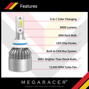 3 Colors Changing 9006/HB4 LED Headlight Bulbs, Pack of 2